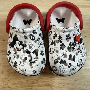Disney CROCS  White Black Mickey & Minnie Graphic Clogs with Red Strap size 5